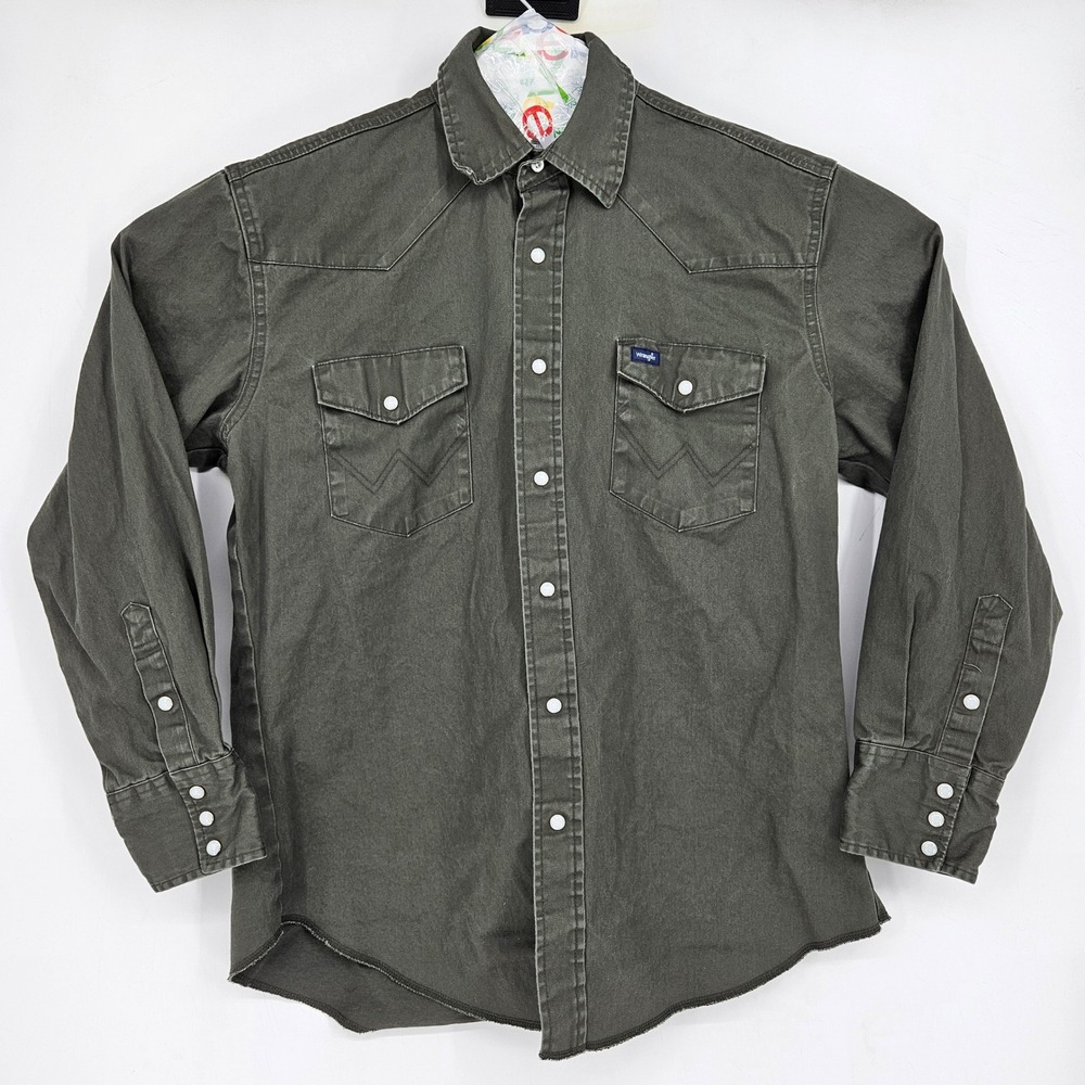 Vintage Wrangler Pearl Snap Shirt Mens Large Western Gray Green Denim Rancher